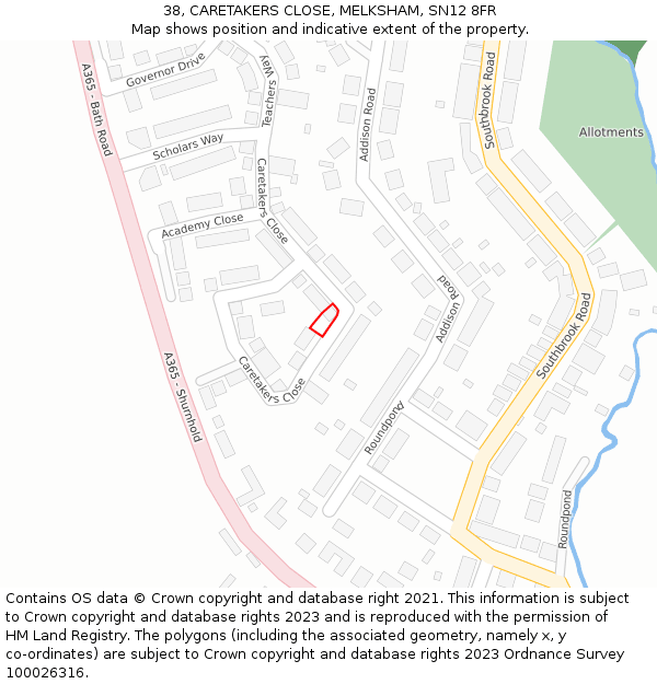 38, CARETAKERS CLOSE, MELKSHAM, SN12 8FR: Location map and indicative extent of plot