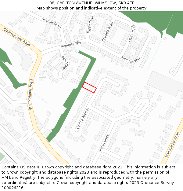 38, CARLTON AVENUE, WILMSLOW, SK9 4EP: Location map and indicative extent of plot