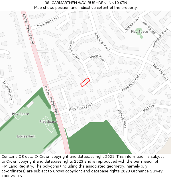 38, CARMARTHEN WAY, RUSHDEN, NN10 0TN: Location map and indicative extent of plot