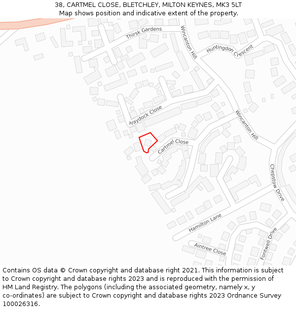 38, CARTMEL CLOSE, BLETCHLEY, MILTON KEYNES, MK3 5LT: Location map and indicative extent of plot