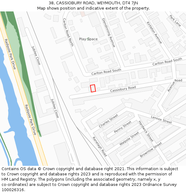 38, CASSIOBURY ROAD, WEYMOUTH, DT4 7JN: Location map and indicative extent of plot