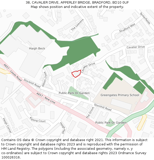 38, CAVALIER DRIVE, APPERLEY BRIDGE, BRADFORD, BD10 0UF: Location map and indicative extent of plot