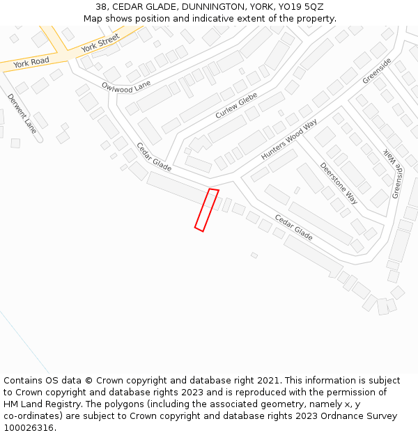 38, CEDAR GLADE, DUNNINGTON, YORK, YO19 5QZ: Location map and indicative extent of plot