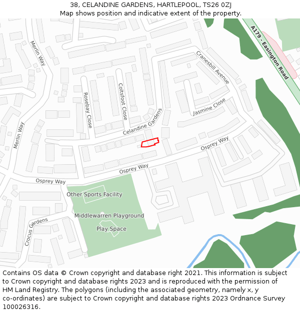38, CELANDINE GARDENS, HARTLEPOOL, TS26 0ZJ: Location map and indicative extent of plot