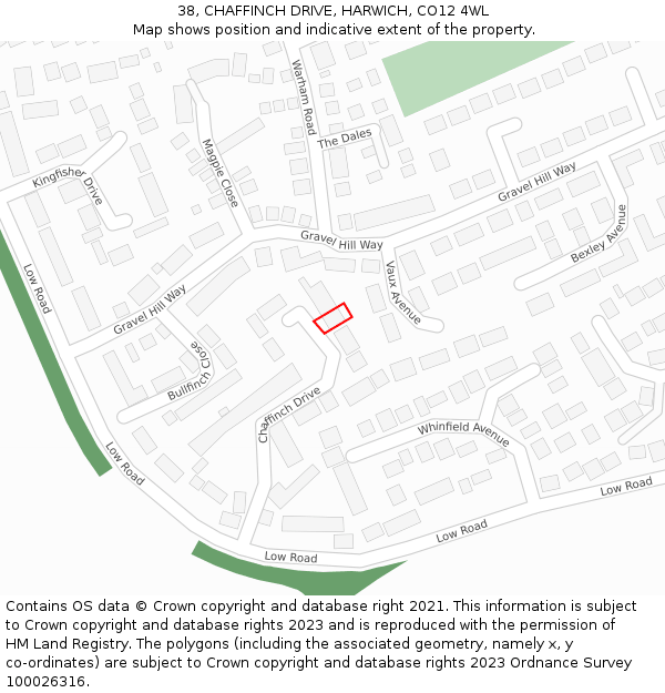 38, CHAFFINCH DRIVE, HARWICH, CO12 4WL: Location map and indicative extent of plot