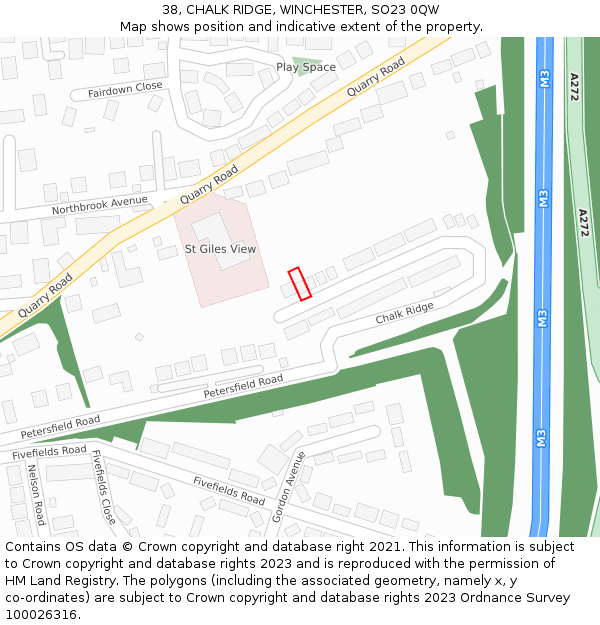 38, CHALK RIDGE, WINCHESTER, SO23 0QW: Location map and indicative extent of plot