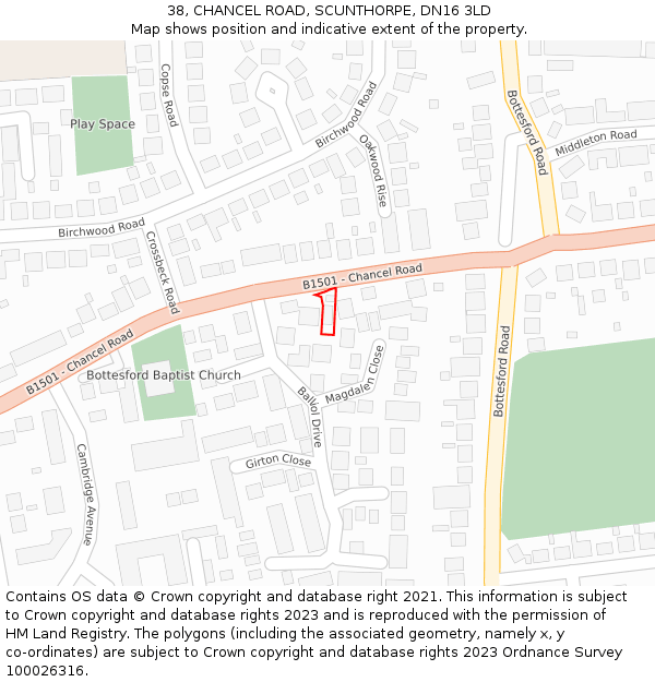38, CHANCEL ROAD, SCUNTHORPE, DN16 3LD: Location map and indicative extent of plot