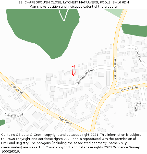 38, CHARBOROUGH CLOSE, LYTCHETT MATRAVERS, POOLE, BH16 6DH: Location map and indicative extent of plot