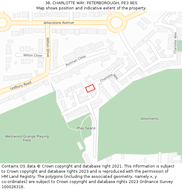 38, CHARLOTTE WAY, PETERBOROUGH, PE3 9ES: Location map and indicative extent of plot