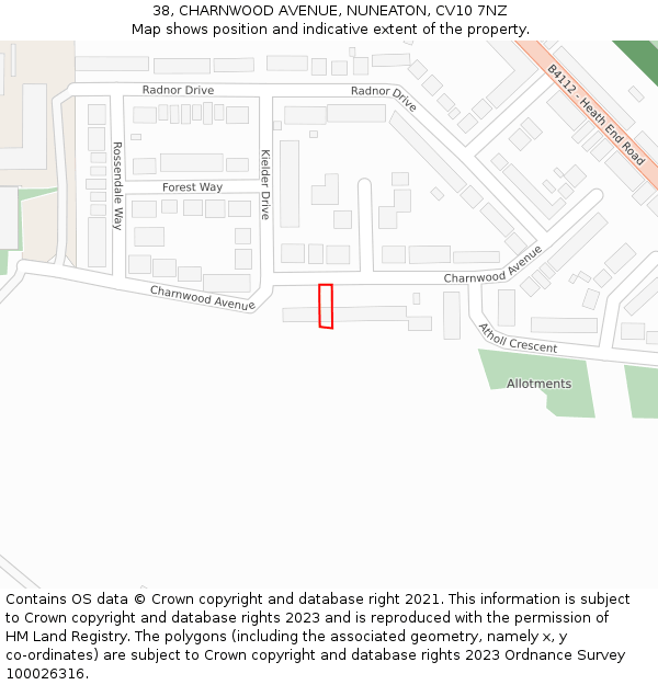 38, CHARNWOOD AVENUE, NUNEATON, CV10 7NZ: Location map and indicative extent of plot