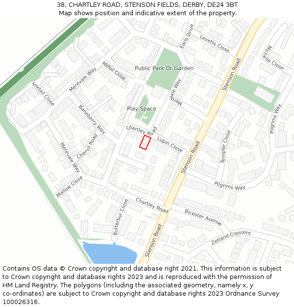 38, CHARTLEY ROAD, STENSON FIELDS, DERBY, DE24 3BT: Location map and indicative extent of plot