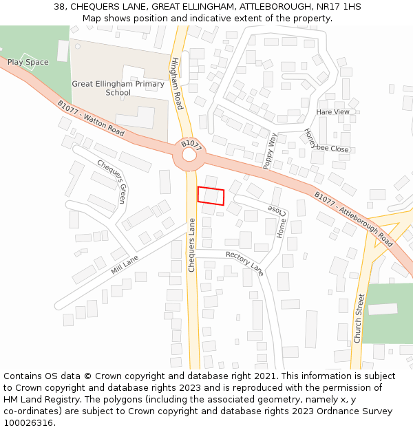 38, CHEQUERS LANE, GREAT ELLINGHAM, ATTLEBOROUGH, NR17 1HS: Location map and indicative extent of plot