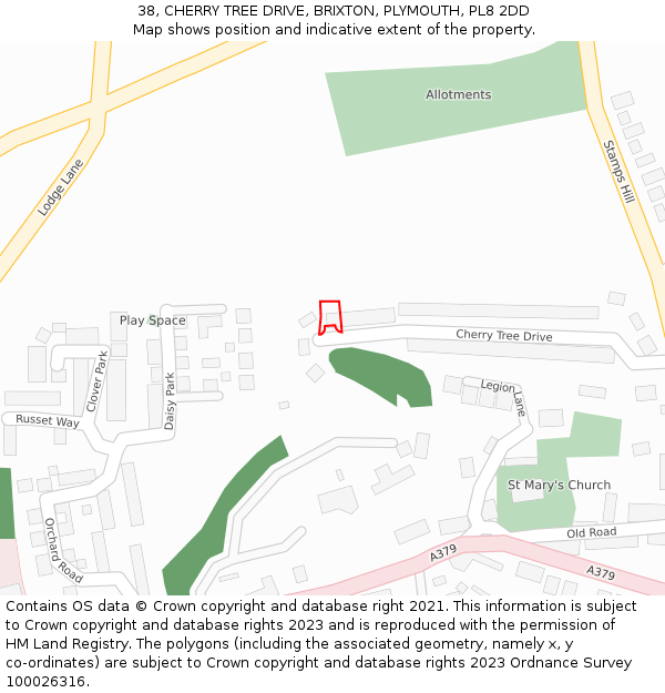 38, CHERRY TREE DRIVE, BRIXTON, PLYMOUTH, PL8 2DD: Location map and indicative extent of plot