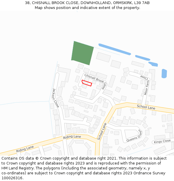 38, CHISNALL BROOK CLOSE, DOWNHOLLAND, ORMSKIRK, L39 7AB: Location map and indicative extent of plot