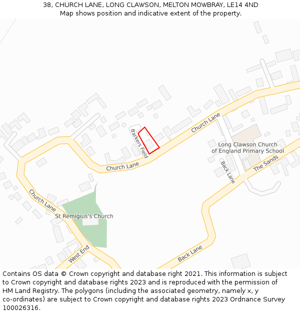 38, CHURCH LANE, LONG CLAWSON, MELTON MOWBRAY, LE14 4ND: Location map and indicative extent of plot