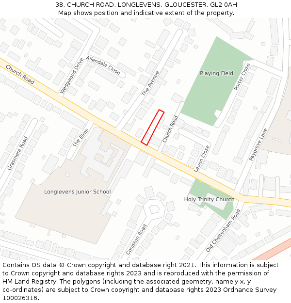 38, CHURCH ROAD, LONGLEVENS, GLOUCESTER, GL2 0AH: Location map and indicative extent of plot