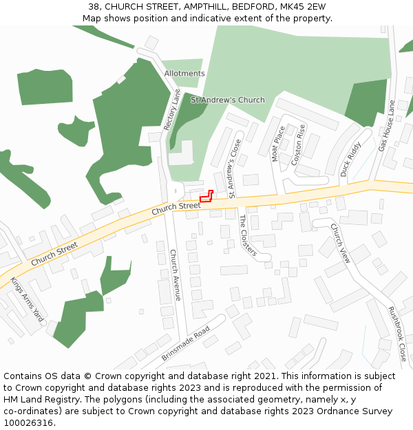 38, CHURCH STREET, AMPTHILL, BEDFORD, MK45 2EW: Location map and indicative extent of plot