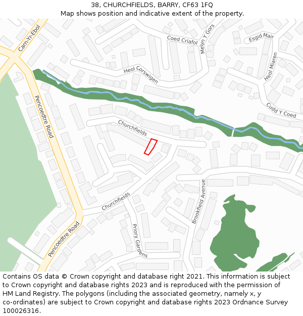 38, CHURCHFIELDS, BARRY, CF63 1FQ: Location map and indicative extent of plot