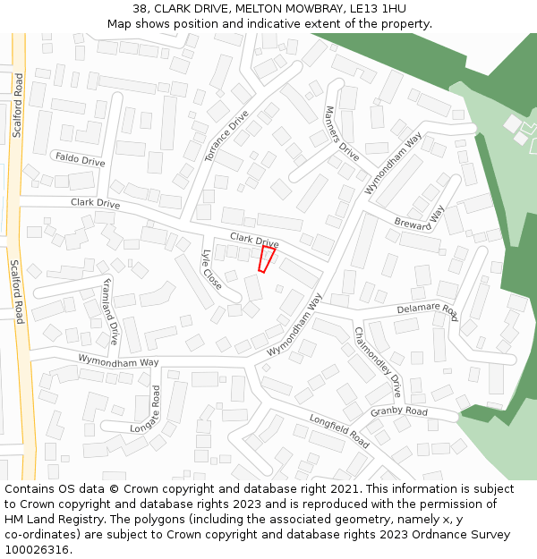 38, CLARK DRIVE, MELTON MOWBRAY, LE13 1HU: Location map and indicative extent of plot