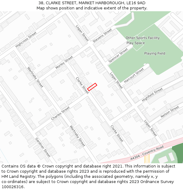 38, CLARKE STREET, MARKET HARBOROUGH, LE16 9AD: Location map and indicative extent of plot