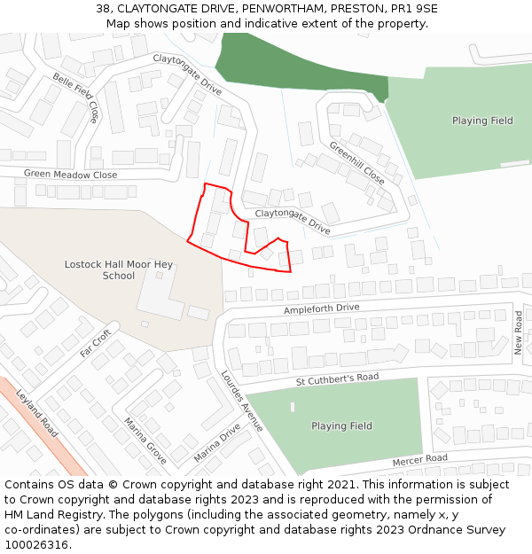 38, CLAYTONGATE DRIVE, PENWORTHAM, PRESTON, PR1 9SE: Location map and indicative extent of plot
