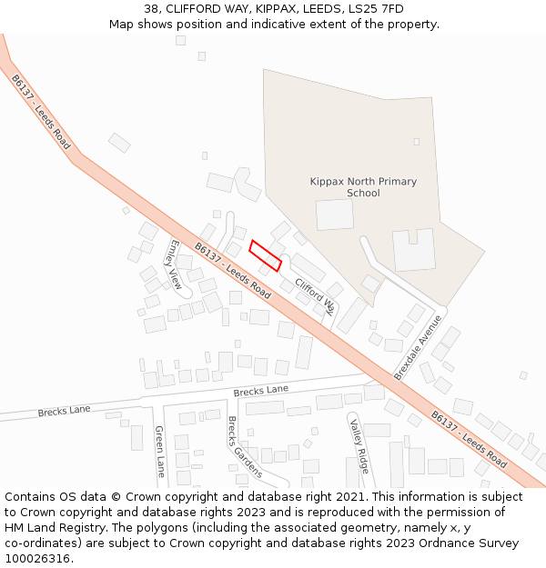 38, CLIFFORD WAY, KIPPAX, LEEDS, LS25 7FD: Location map and indicative extent of plot