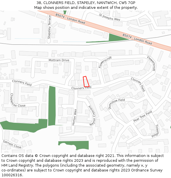 38, CLONNERS FIELD, STAPELEY, NANTWICH, CW5 7GP: Location map and indicative extent of plot