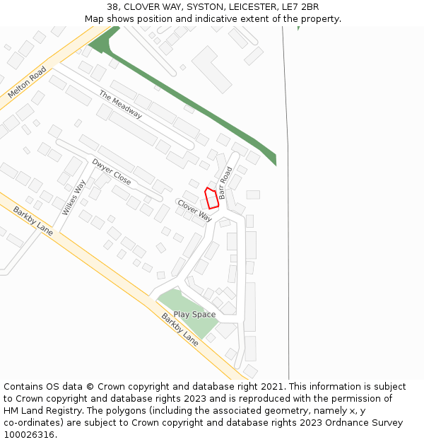 38, CLOVER WAY, SYSTON, LEICESTER, LE7 2BR: Location map and indicative extent of plot