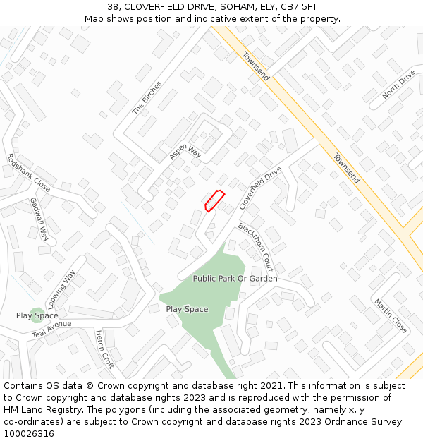 38, CLOVERFIELD DRIVE, SOHAM, ELY, CB7 5FT: Location map and indicative extent of plot