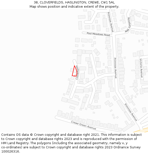 38, CLOVERFIELDS, HASLINGTON, CREWE, CW1 5AL: Location map and indicative extent of plot