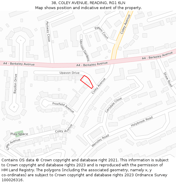 38, COLEY AVENUE, READING, RG1 6LN: Location map and indicative extent of plot