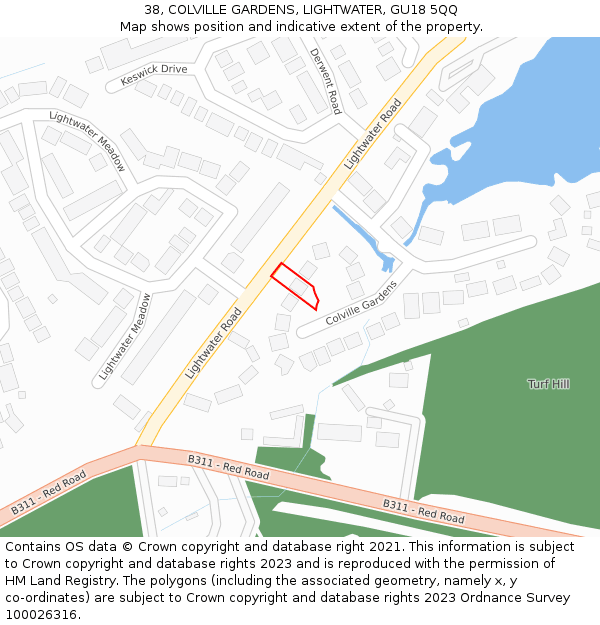 38, COLVILLE GARDENS, LIGHTWATER, GU18 5QQ: Location map and indicative extent of plot