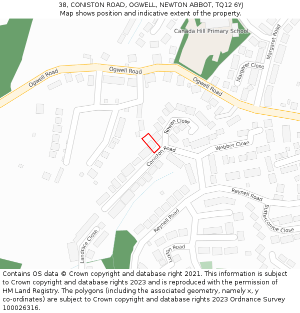 38, CONISTON ROAD, OGWELL, NEWTON ABBOT, TQ12 6YJ: Location map and indicative extent of plot