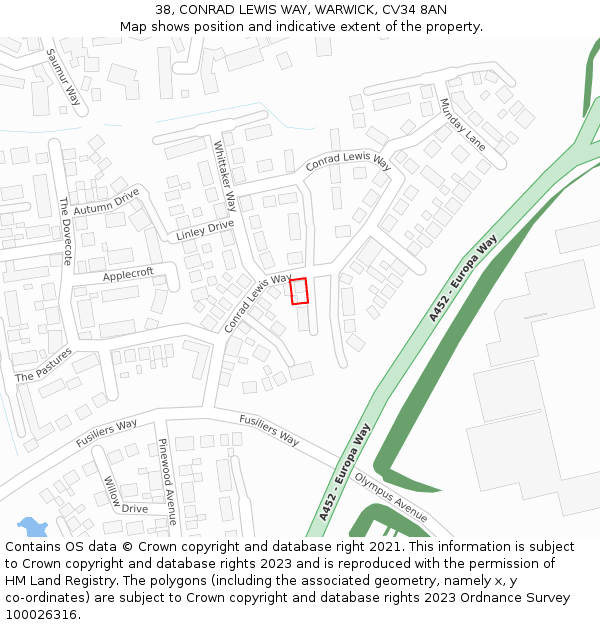 38, CONRAD LEWIS WAY, WARWICK, CV34 8AN: Location map and indicative extent of plot