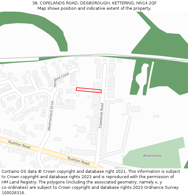 38, COPELANDS ROAD, DESBOROUGH, KETTERING, NN14 2QF: Location map and indicative extent of plot