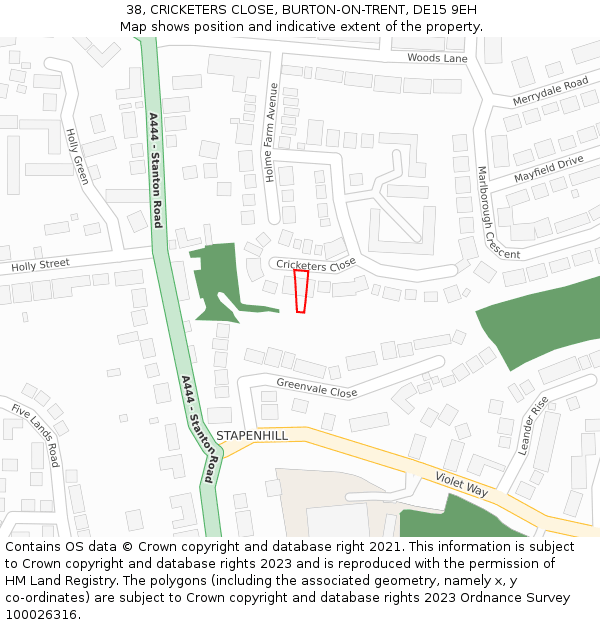 38, CRICKETERS CLOSE, BURTON-ON-TRENT, DE15 9EH: Location map and indicative extent of plot