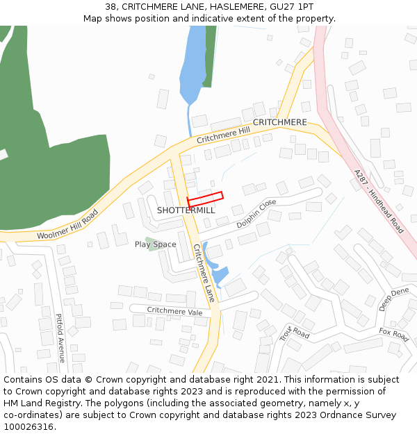 38, CRITCHMERE LANE, HASLEMERE, GU27 1PT: Location map and indicative extent of plot