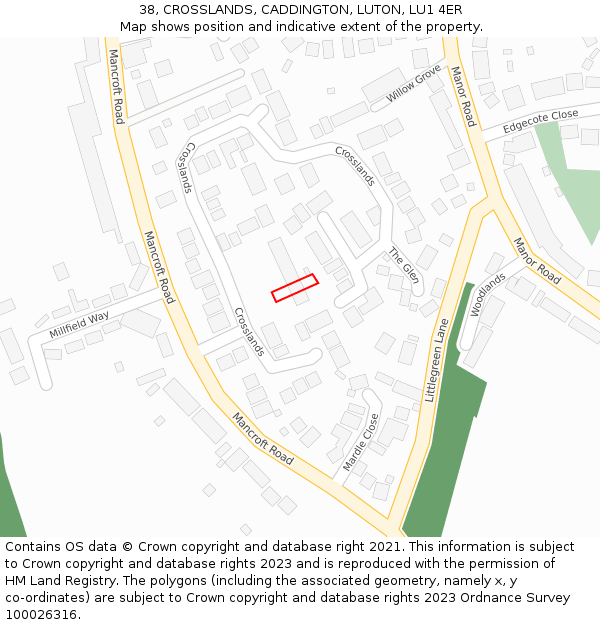 38, CROSSLANDS, CADDINGTON, LUTON, LU1 4ER: Location map and indicative extent of plot