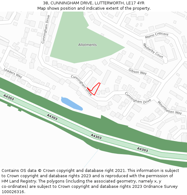 38, CUNNINGHAM DRIVE, LUTTERWORTH, LE17 4YR: Location map and indicative extent of plot
