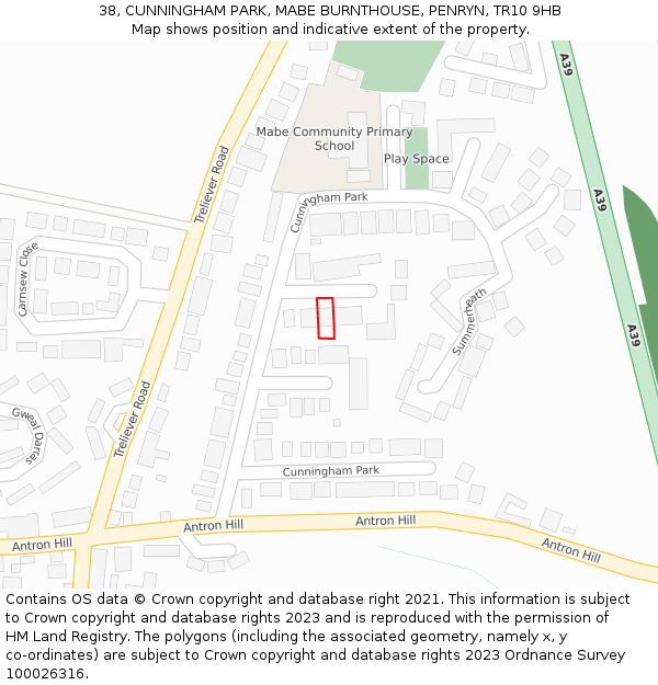 38, CUNNINGHAM PARK, MABE BURNTHOUSE, PENRYN, TR10 9HB: Location map and indicative extent of plot