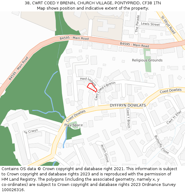 38, CWRT COED Y BRENIN, CHURCH VILLAGE, PONTYPRIDD, CF38 1TN: Location map and indicative extent of plot