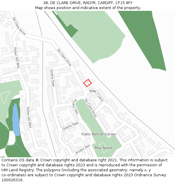 38, DE CLARE DRIVE, RADYR, CARDIFF, CF15 8FY: Location map and indicative extent of plot