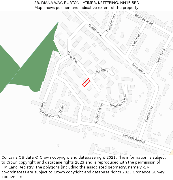 38, DIANA WAY, BURTON LATIMER, KETTERING, NN15 5RD: Location map and indicative extent of plot