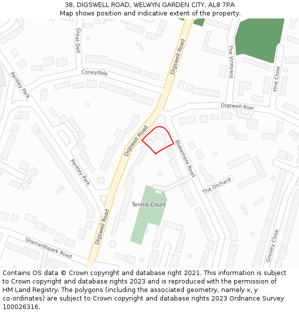 38, DIGSWELL ROAD, WELWYN GARDEN CITY, AL8 7PA: Location map and indicative extent of plot