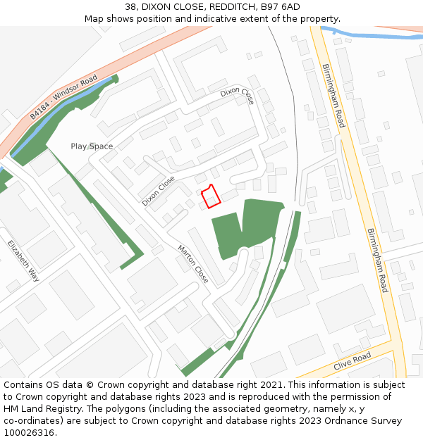 38, DIXON CLOSE, REDDITCH, B97 6AD: Location map and indicative extent of plot