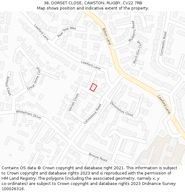 38, DORSET CLOSE, CAWSTON, RUGBY, CV22 7RB: Location map and indicative extent of plot