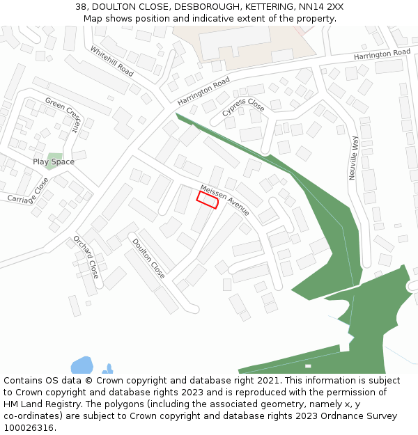 38, DOULTON CLOSE, DESBOROUGH, KETTERING, NN14 2XX: Location map and indicative extent of plot