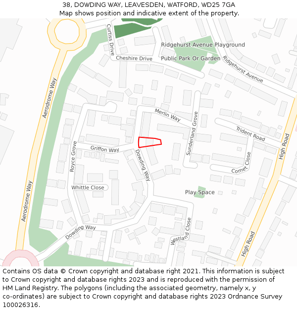 38, DOWDING WAY, LEAVESDEN, WATFORD, WD25 7GA: Location map and indicative extent of plot