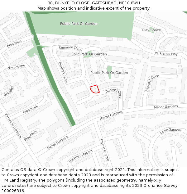 38, DUNKELD CLOSE, GATESHEAD, NE10 8WH: Location map and indicative extent of plot