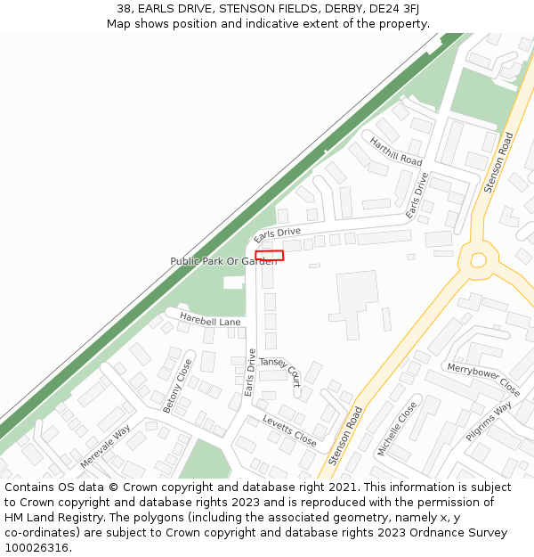 38, EARLS DRIVE, STENSON FIELDS, DERBY, DE24 3FJ: Location map and indicative extent of plot